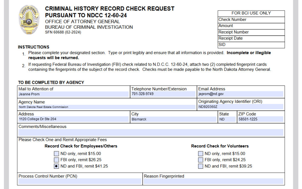 A Criminal History Record Check Request form from the Bureau of Criminal Investigation, detailing instructions, fees, and sections to be completed by the agency.