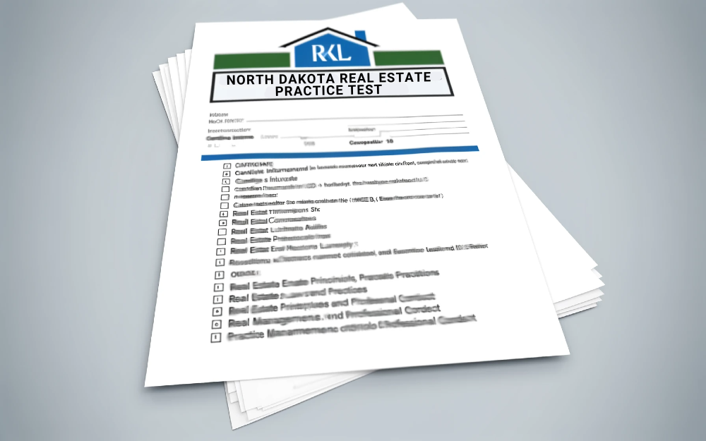 A stack of papers showing a house logo on top and a sample practice test of the North Dakota real estate license examination.